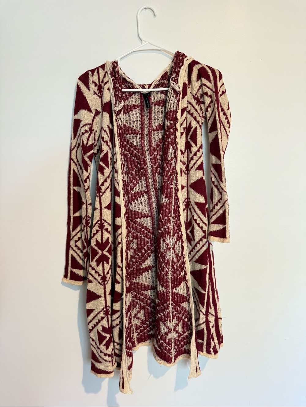 Maroon and Cream Aztec Open-Front Hooded Cardigan Sweater